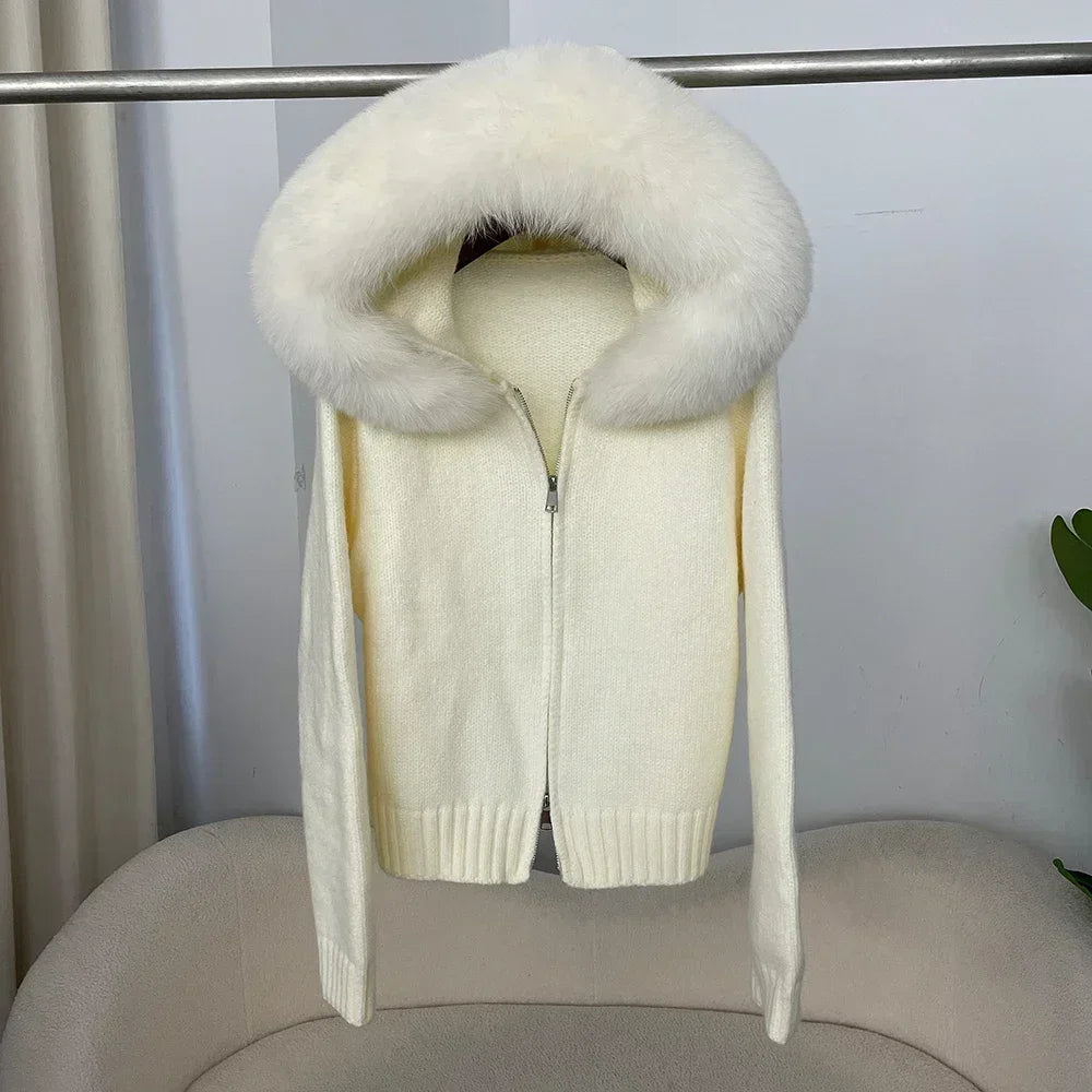 Knitwear Cardigan Women Spring Fashion Knitted Jacket Female Autumn Hooded Real Fox Fur Coat Natural Short Fur Coat Casual
