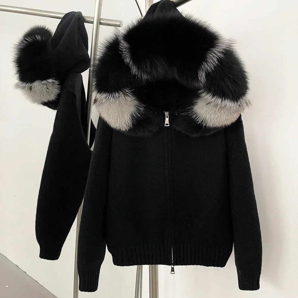 Knitwear Cardigan Women Spring Fashion Knitted Jacket Female Autumn Hooded Real Fox Fur Coat Natural Short Fur Coat Casual
