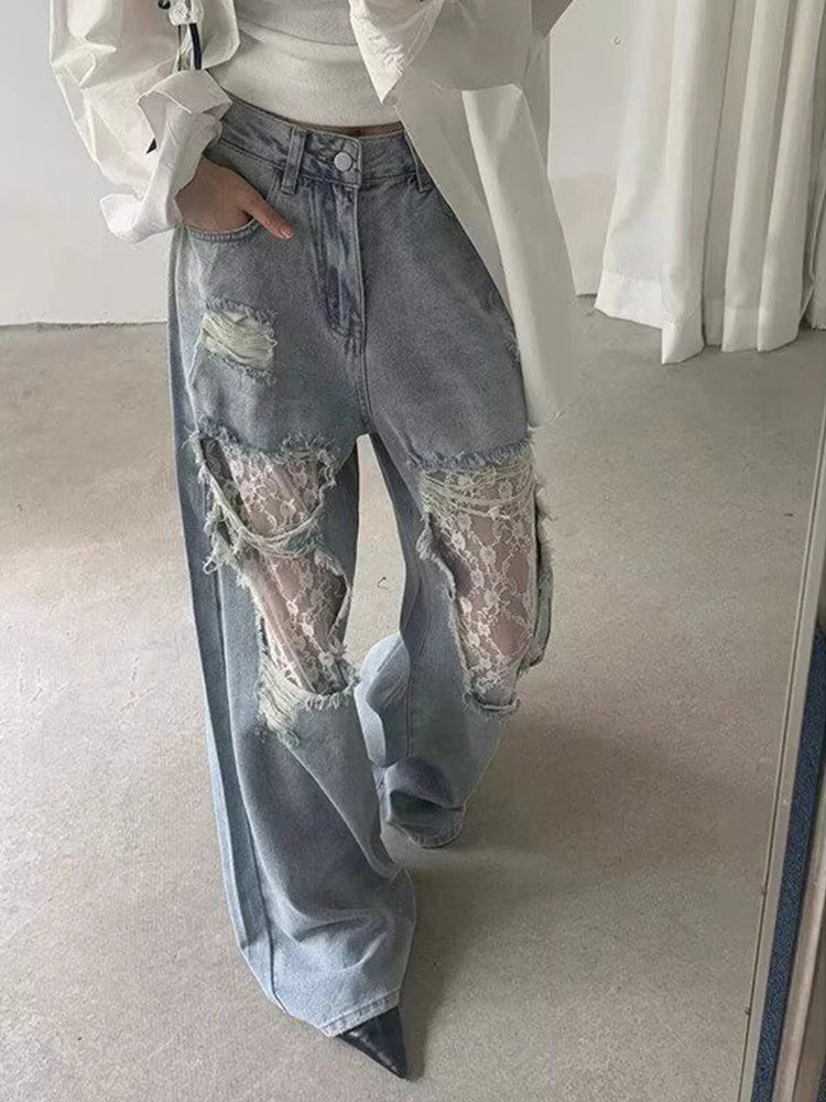 Women’s Y2K High-Waist Wide Leg Jeans – Lace Patchwork Vintage Denim Pants
