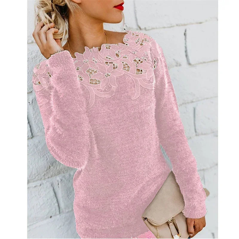 CALMEANNY Lace-Trim Loose Office Blouse for Women