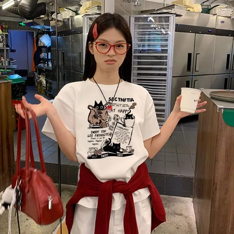 NoEnName_Null American Retro Cartoon Print Short Sleeve Tee – Summer Casual Loose Fit Top