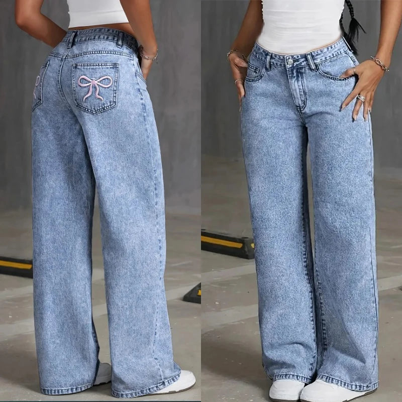 Women’s High-Waist Loose Ankle-Length Jeans with Bow Detail – Stretch Casual Denim Pants