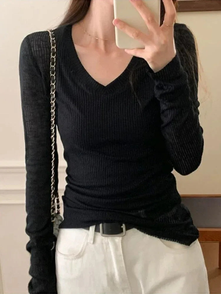 SheerFlex V-Neck Long Sleeve Summer Tee for Women
