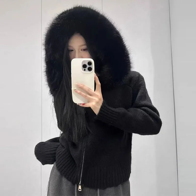 Knitwear Cardigan Women Spring Fashion Knitted Jacket Female Autumn Hooded Real Fox Fur Coat Natural Short Fur Coat Casual