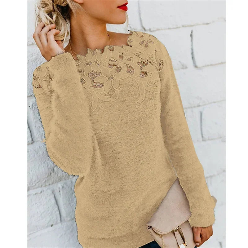 CALMEANNY Lace-Trim Loose Office Blouse for Women