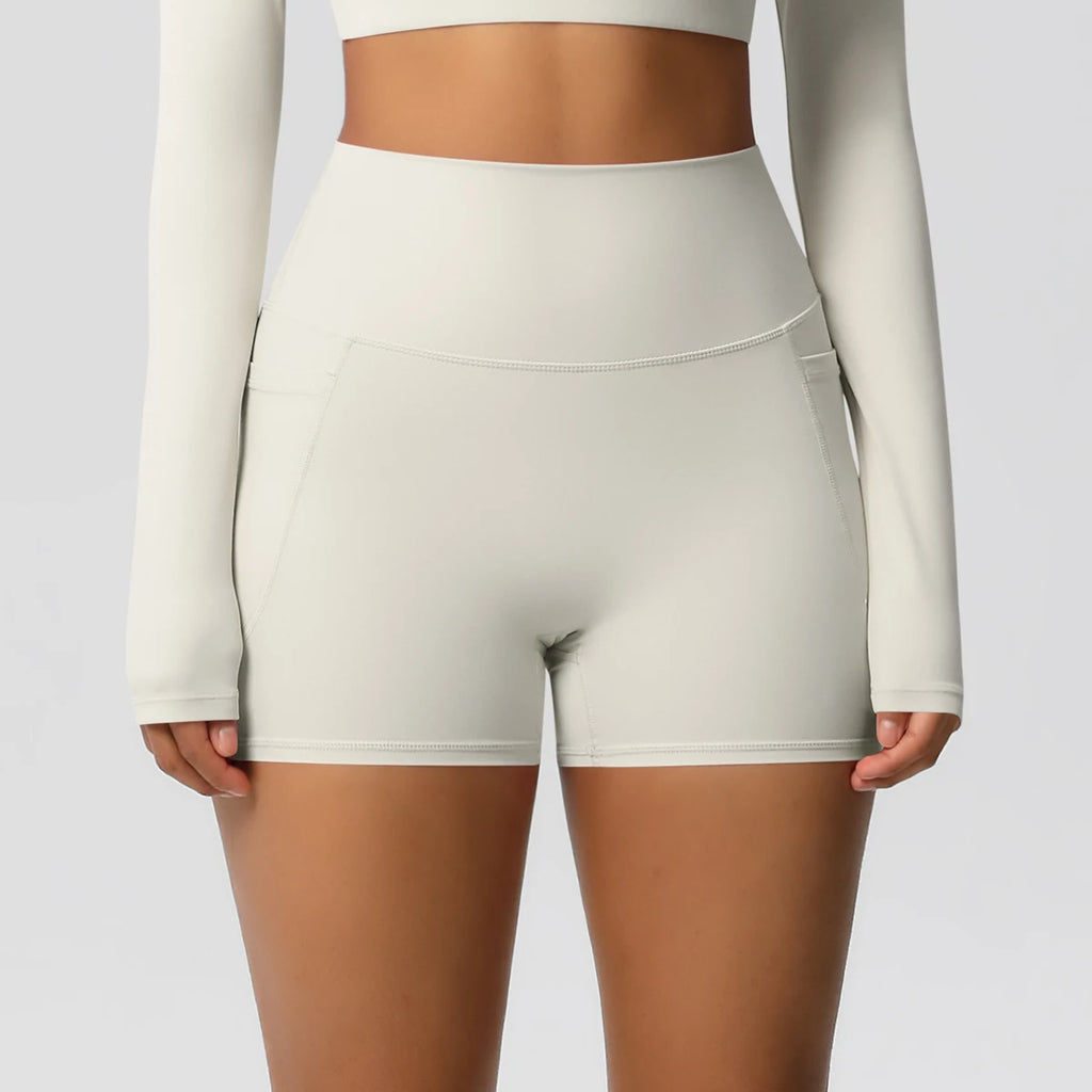 Rooftrellen High-Waist Pocketed Sports Shorts for Women – Quick-Dry Fitness Leggings