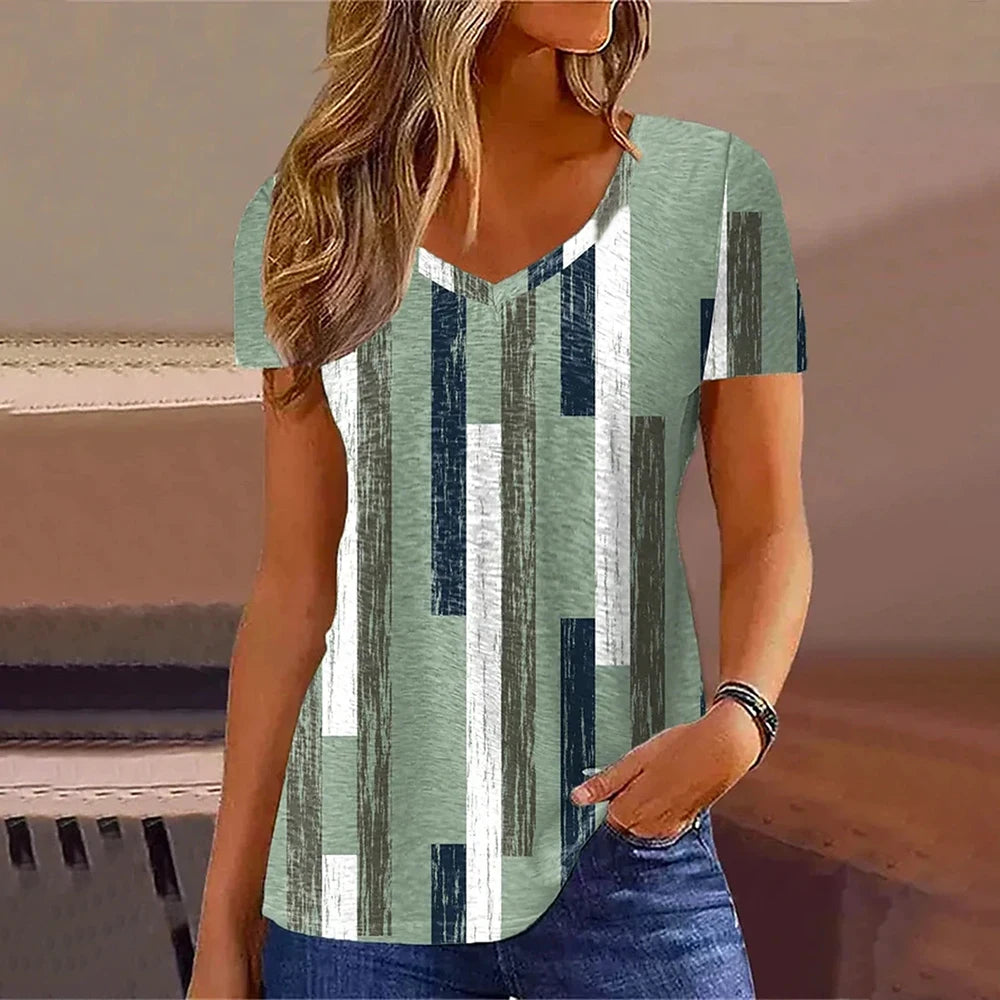 Fashion Women T Shirt Stripes Print Gradient V Neck Short Sleeve Basic Tops Streetwear Summer Oversized Clothing Female T-Shirts