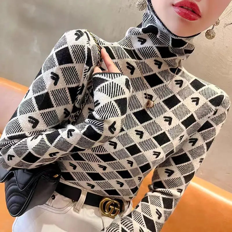 ChicAura Argyle Knit Turtleneck Pullover for Women