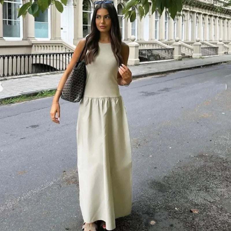 Women’s Sleeveless Patchwork Maxi Dress – Fit & Flare Ankle-Length Dress