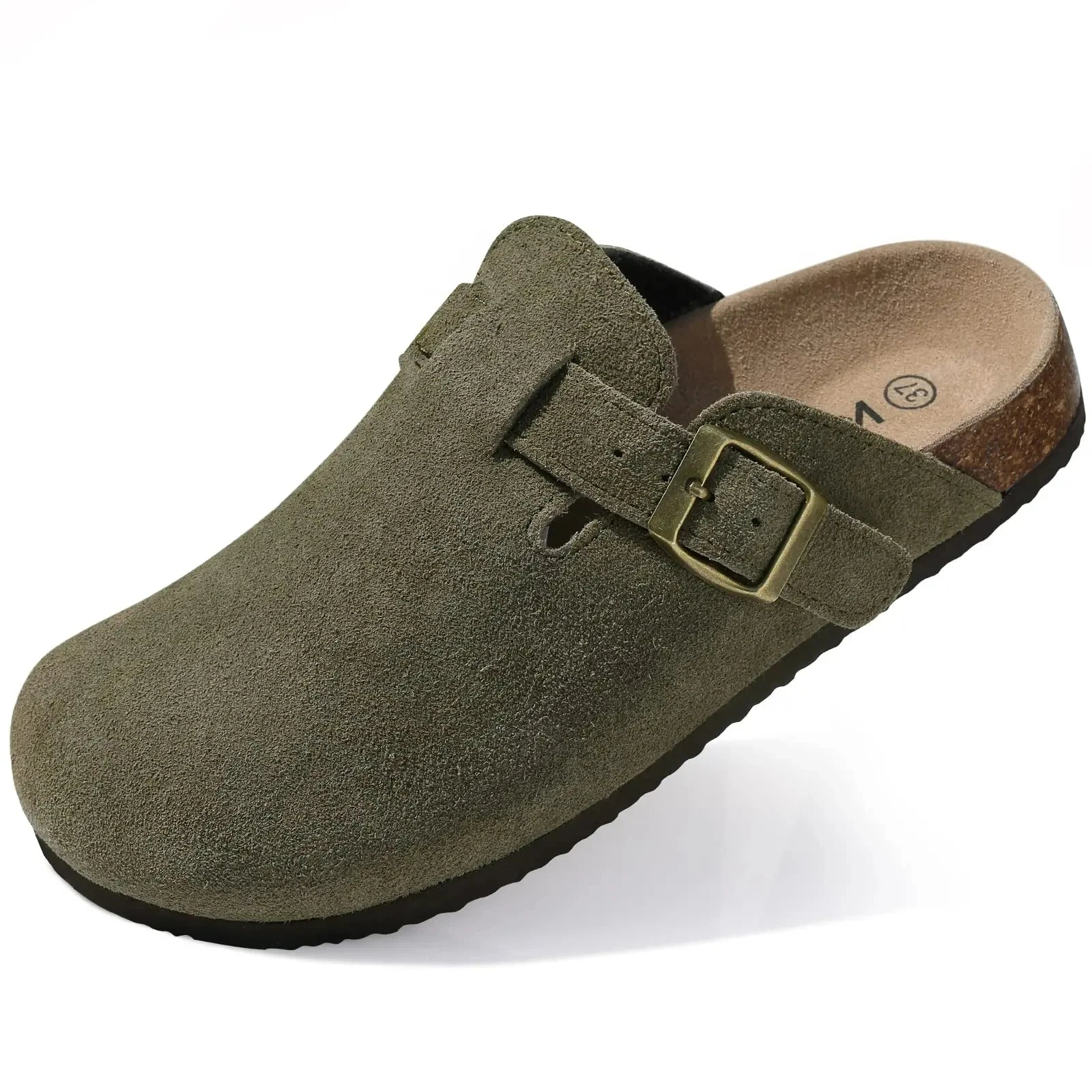 Crestar Women's Suede Clogs Leather Mules Cork Footbed Sandals Potato Shoes with Arch Support Fashion Leather Mules Shoes