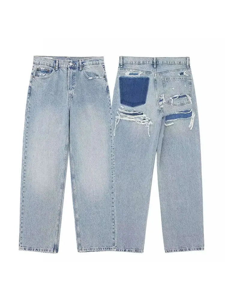 Women’s High-Waist Ripped Skinny Ankle-Length Jeans – Vintage Patchwork Denim Pants