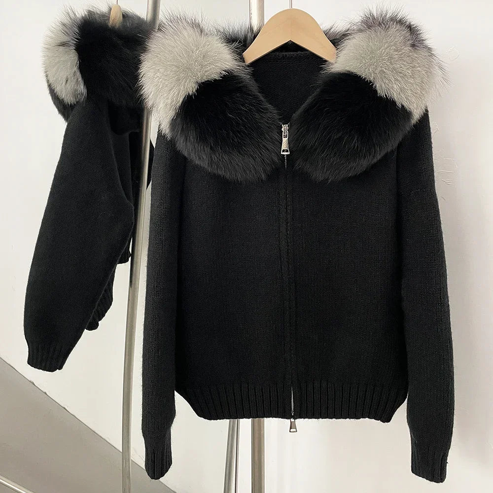 Knitwear Cardigan Women Spring Fashion Knitted Jacket Female Autumn Hooded Real Fox Fur Coat Natural Short Fur Coat Casual