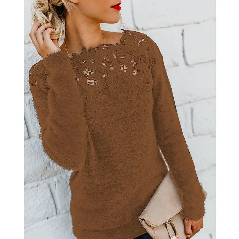CALMEANNY Lace-Trim Loose Office Blouse for Women