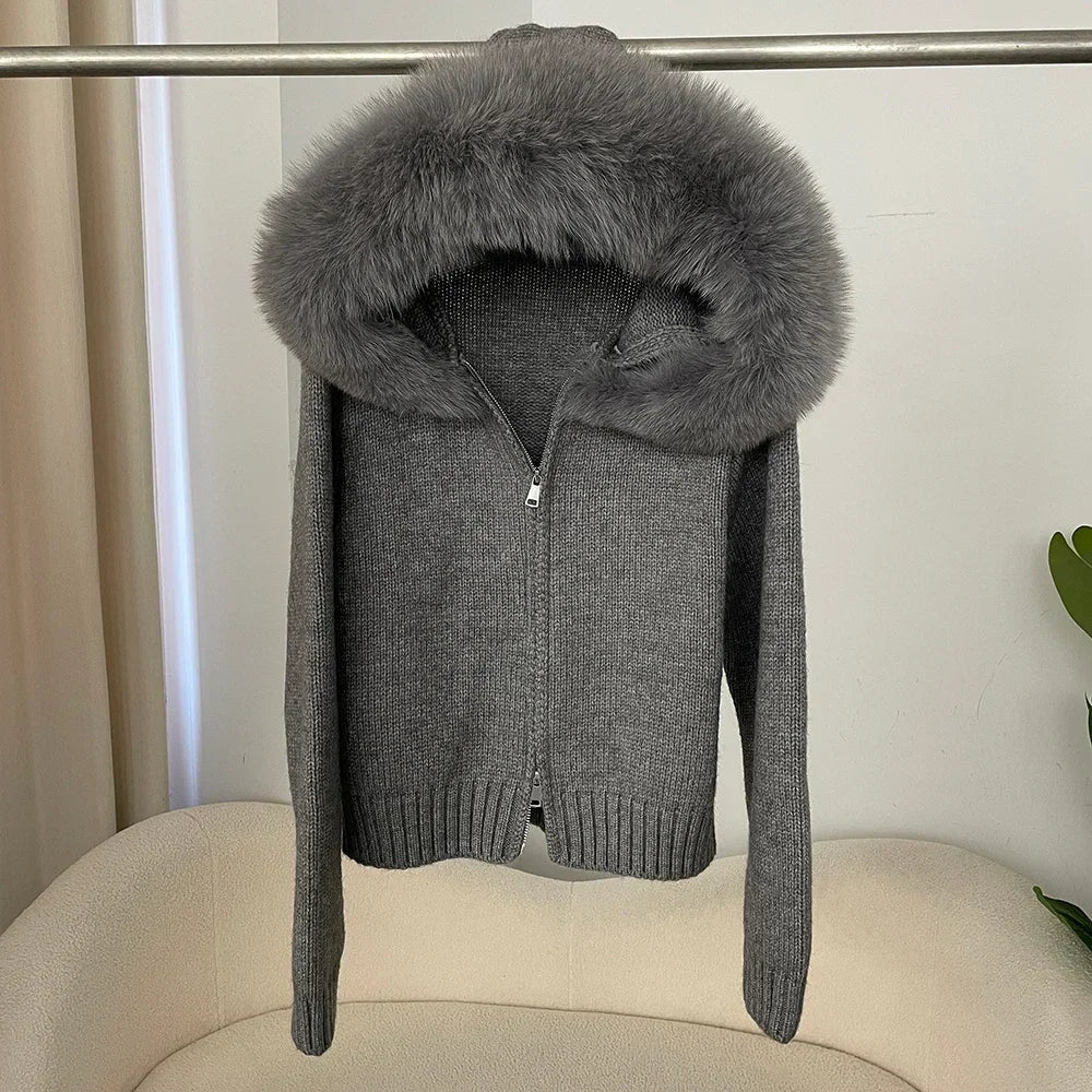 Knitwear Cardigan Women Spring Fashion Knitted Jacket Female Autumn Hooded Real Fox Fur Coat Natural Short Fur Coat Casual