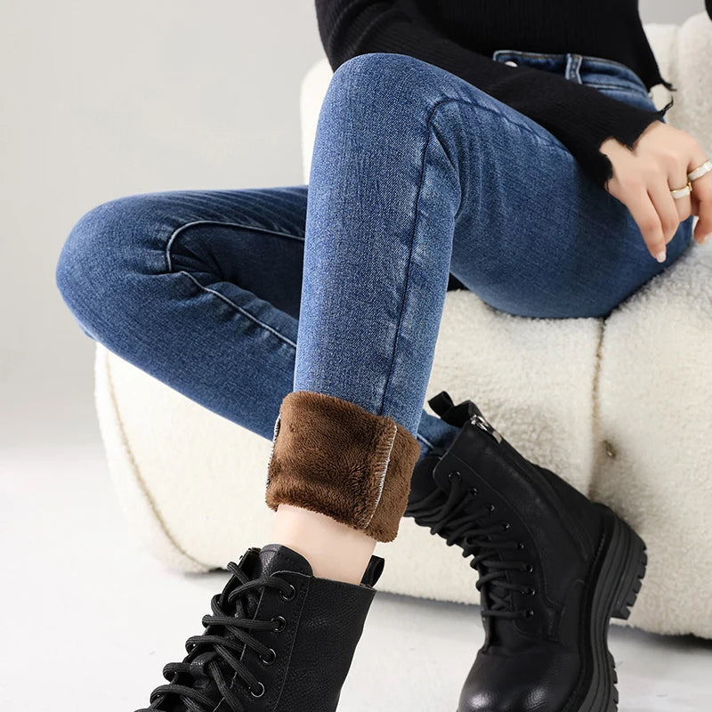 Women’s Mid-Waist Thick Skinny Jeans – Winter Stretch Pencil Denim Pants