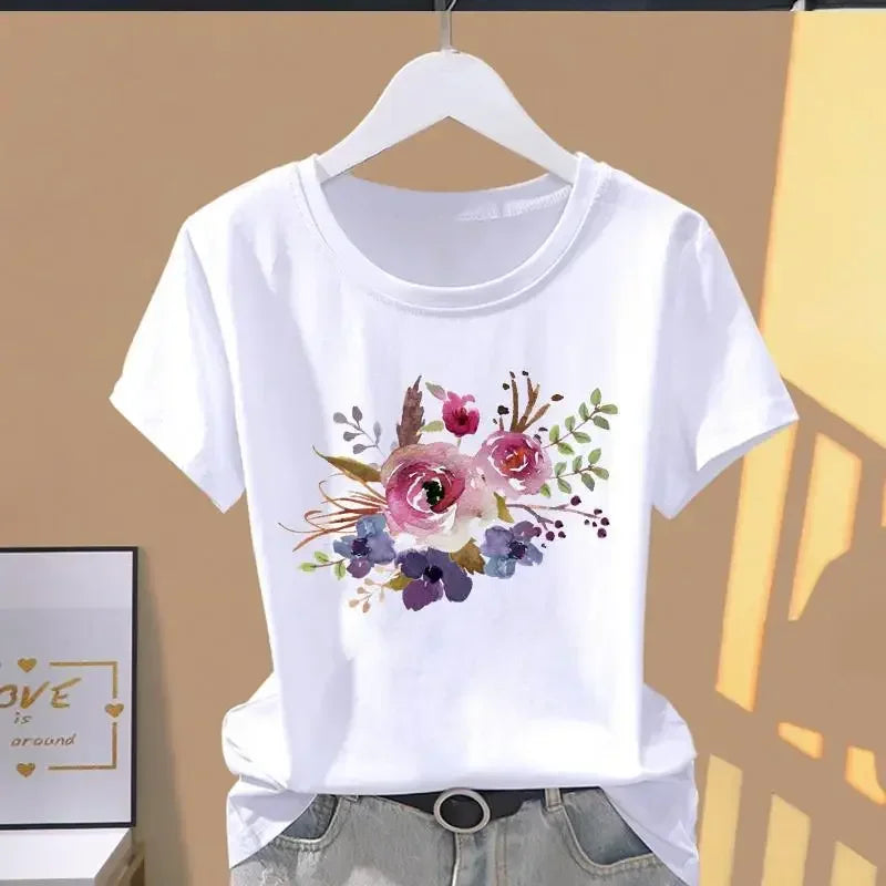 DAYUHU Casual Letter Print O-Neck Short Sleeve Tee for Women