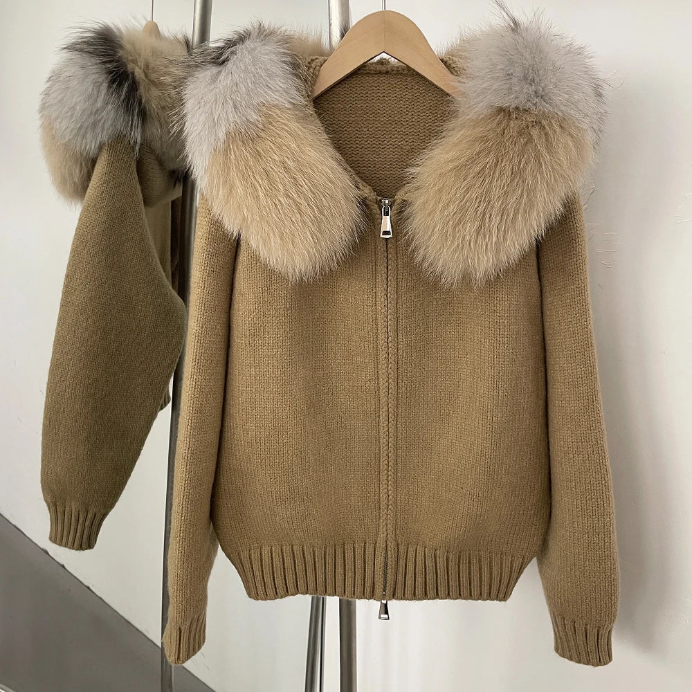 Knitwear Cardigan Women Spring Fashion Knitted Jacket Female Autumn Hooded Real Fox Fur Coat Natural Short Fur Coat Casual