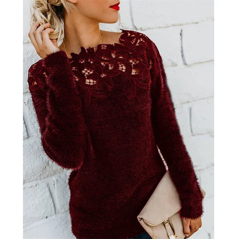 CALMEANNY Lace-Trim Loose Office Blouse for Women