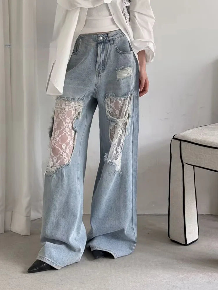 Women’s Y2K High-Waist Wide Leg Jeans – Lace Patchwork Vintage Denim Pants
