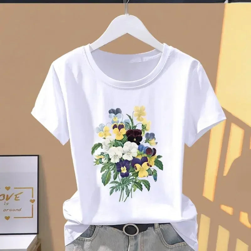 DAYUHU Casual Letter Print O-Neck Short Sleeve Tee for Women