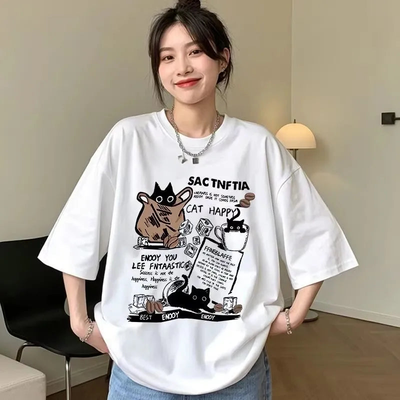 NoEnName_Null American Retro Cartoon Print Short Sleeve Tee – Summer Casual Loose Fit Top