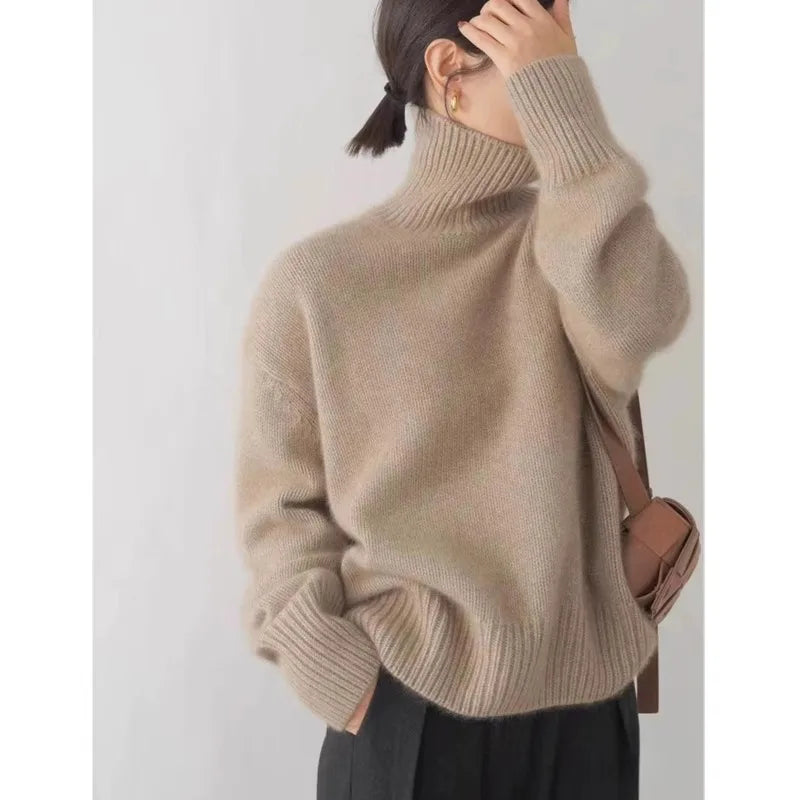 2026Autumn and Winter New Thick Cashmere Sweater Women High Neck Pullover Sweater Warm Loose Knitted Base Sweater Jacket Tops