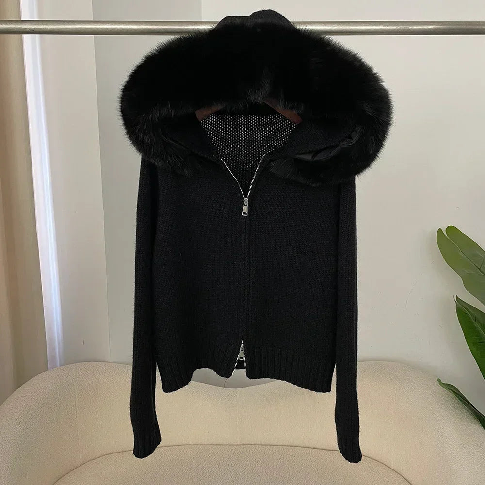 Knitwear Cardigan Women Spring Fashion Knitted Jacket Female Autumn Hooded Real Fox Fur Coat Natural Short Fur Coat Casual