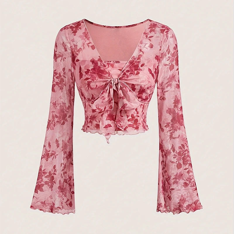 Summer Women's Y2k Floral Printed Sweet V-Neck T-shirts Mesh Beach Party Dress Top Flare Sleeve Square Collar Lace Up Shirt 2026