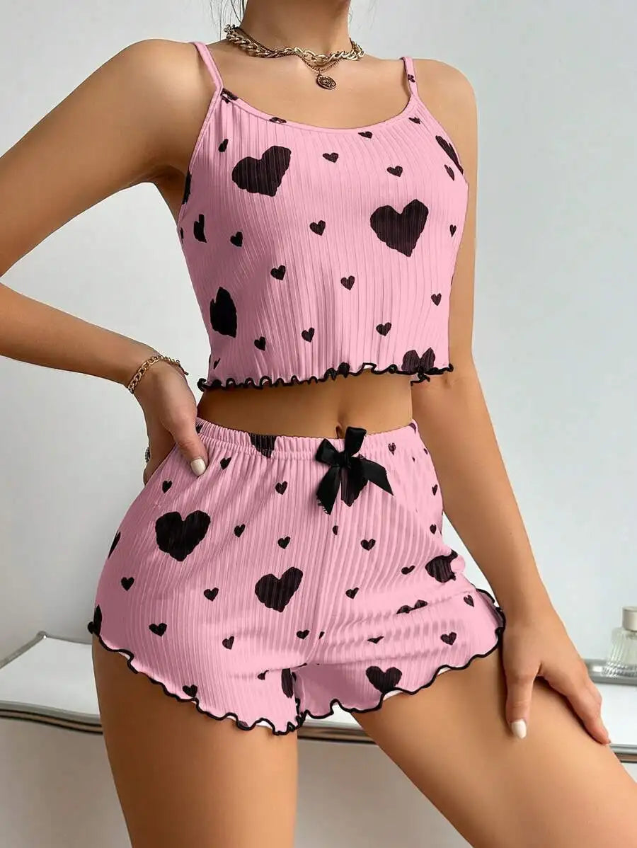NoEnName Geometric Spaghetti Strap Summer Pajama Set
