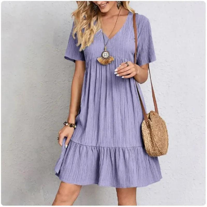 Mooyufon Summer Peplum Dress – V-Neck Short Sleeve Loose Fit Flare Dress