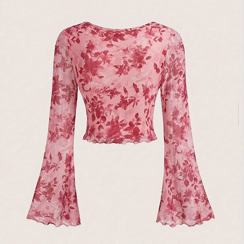 Summer Women's Y2k Floral Printed Sweet V-Neck T-shirts Mesh Beach Party Dress Top Flare Sleeve Square Collar Lace Up Shirt 2026