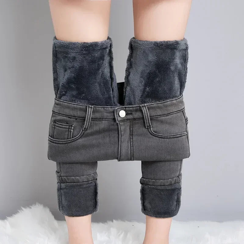 Women’s Winter Thermal Fleece Jeans – High Waist Warm Stretch Denim Pants