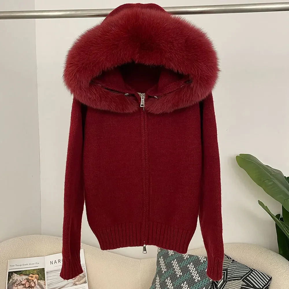 Knitwear Cardigan Women Spring Fashion Knitted Jacket Female Autumn Hooded Real Fox Fur Coat Natural Short Fur Coat Casual