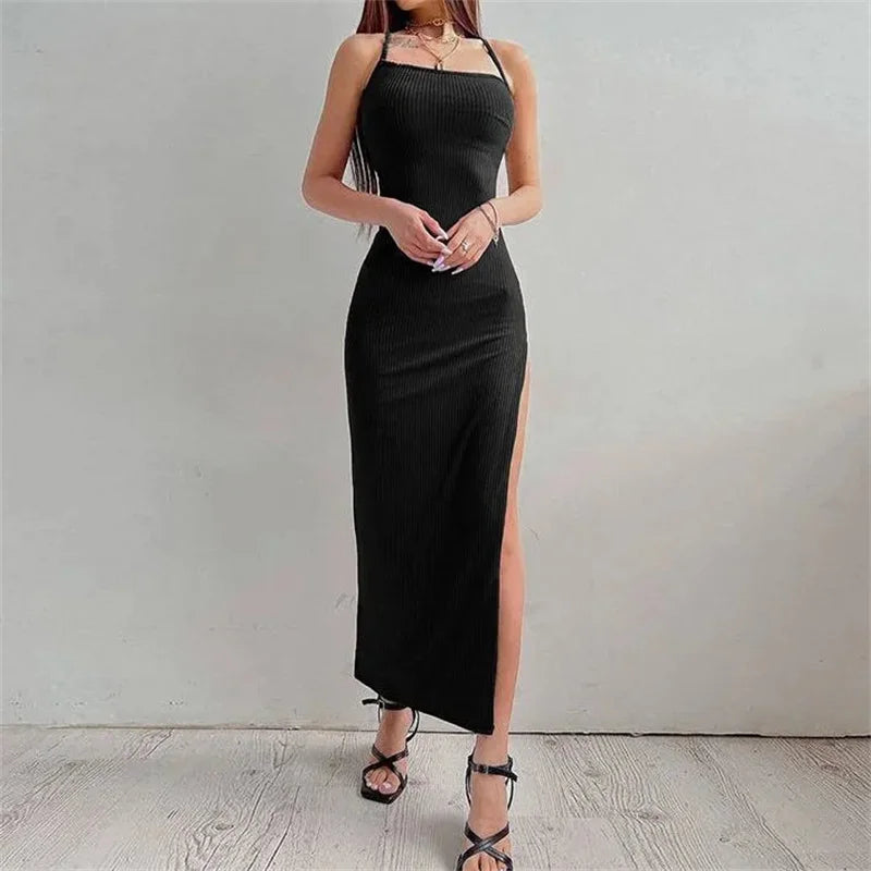 Dozw Black Sleeveless Halter Bodycon Dress with High Split for Women