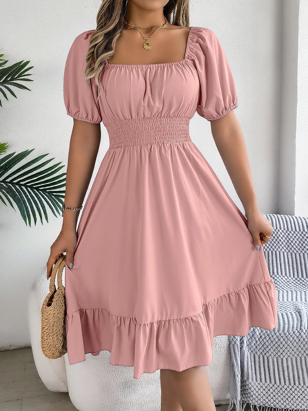 Spring and Summer Elegant High Waisted Dress Square Neck Short Sleeved Ruffled Edge Long Dresses for Women