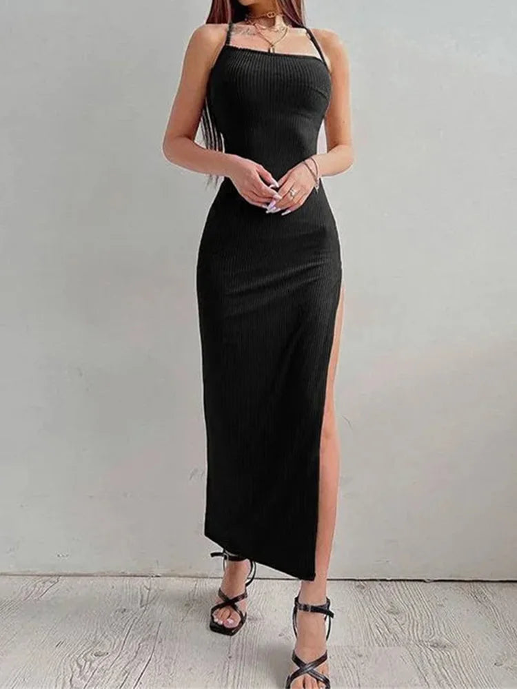 Dozw Black Sleeveless Halter Bodycon Dress with High Split for Women