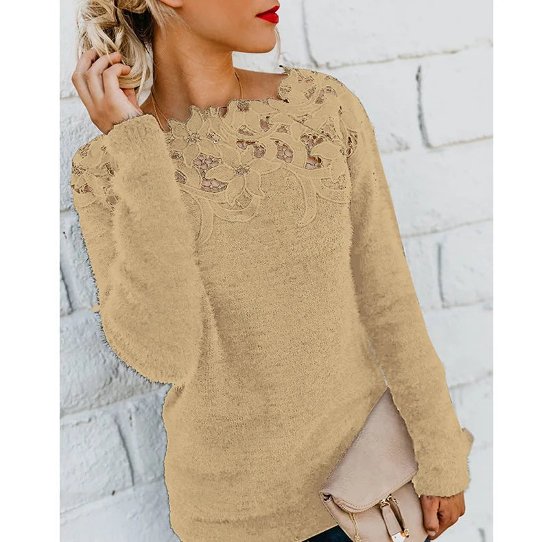 CALMEANNY Lace-Trim Loose Office Blouse for Women