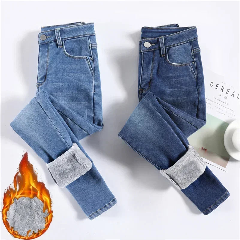 Women’s Winter Thermal Fleece Jeans – High Waist Warm Stretch Denim Pants