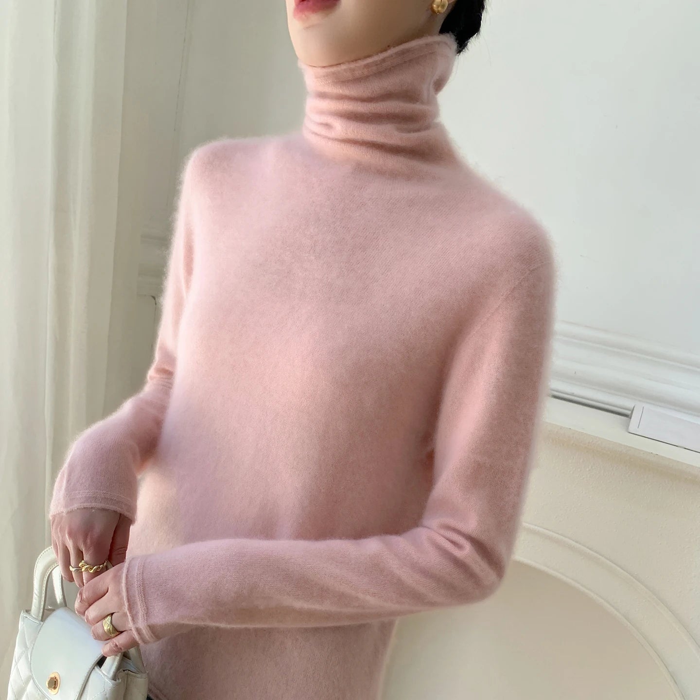 Autumn/Winter Women's 100% Pure Cashmere Sweater Casual Knit Pullover Turtleneck Slim Fit Tops Basic Pile Collar Jumper Female