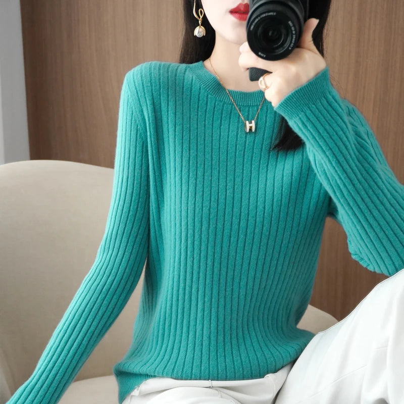 2026 Women Sweaters Autumn Winter Long Sleeve Pullovers O-neck Stripe Warm Pullover Korean Fashion Bottoming Shirts Loose Jumper