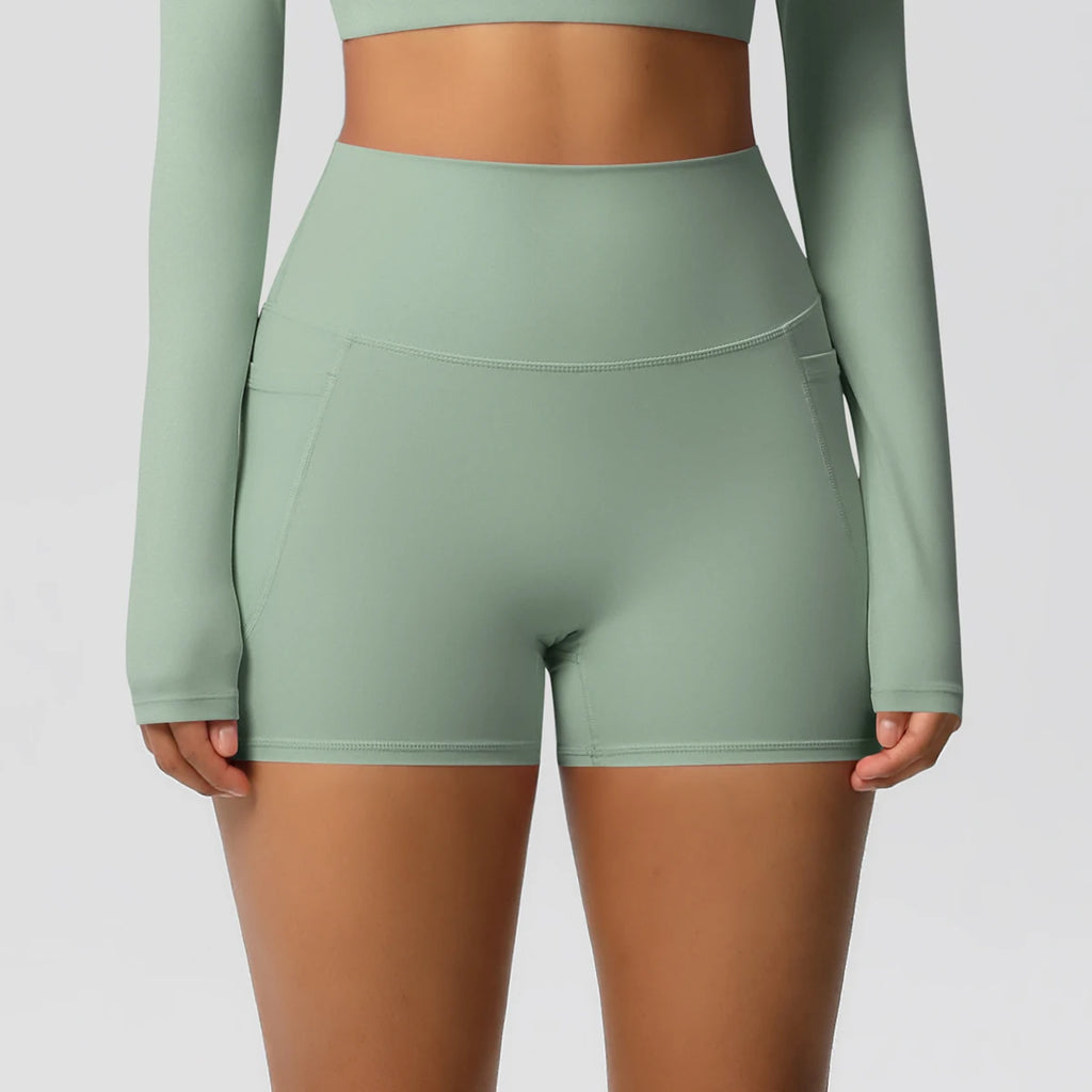 Rooftrellen High-Waist Pocketed Sports Shorts for Women – Quick-Dry Fitness Leggings