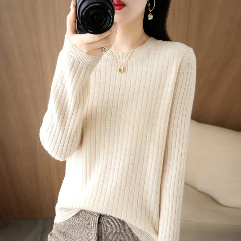 2026 Women Sweaters Autumn Winter Long Sleeve Pullovers O-neck Stripe Warm Pullover Korean Fashion Bottoming Shirts Loose Jumper