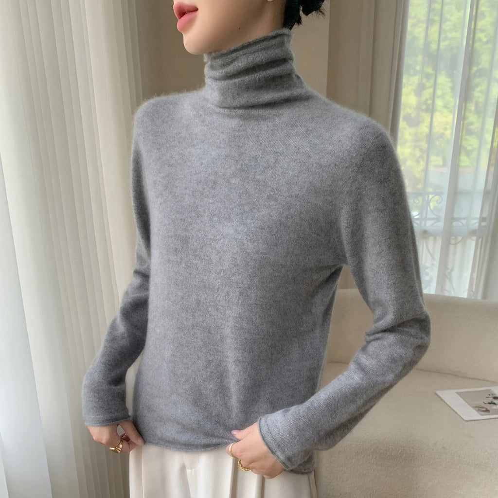 Autumn/Winter Women's 100% Pure Cashmere Sweater Casual Knit Pullover Turtleneck Slim Fit Tops Basic Pile Collar Jumper Female