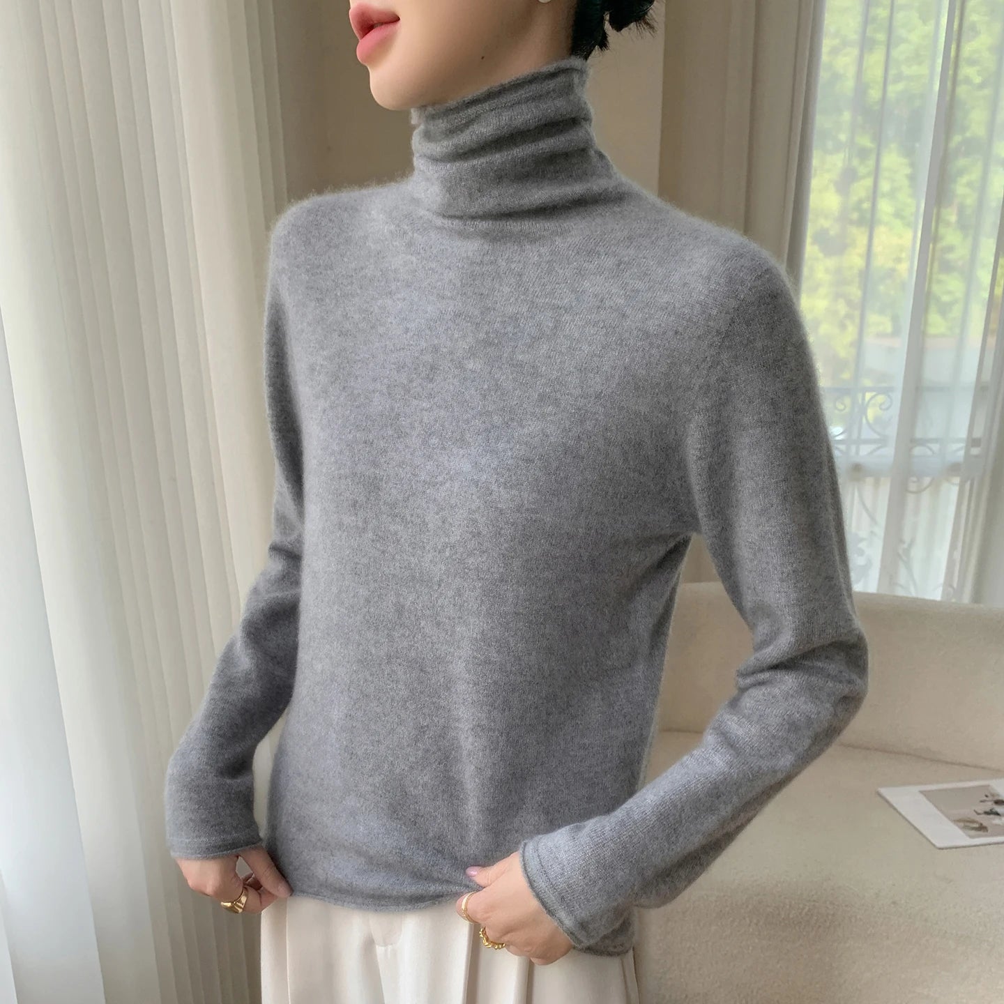 Autumn/Winter Women's 100% Pure Cashmere Sweater Casual Knit Pullover Turtleneck Slim Fit Tops Basic Pile Collar Jumper Female