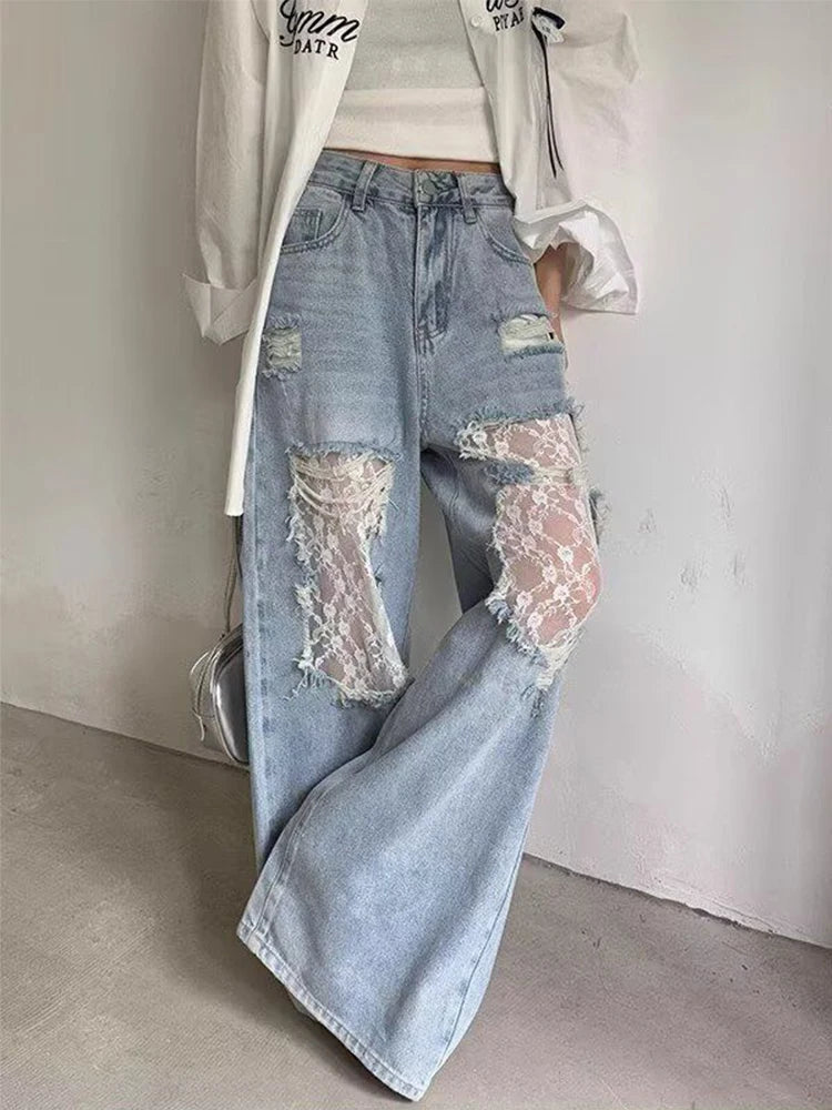 Women’s Y2K High-Waist Wide Leg Jeans – Lace Patchwork Vintage Denim Pants