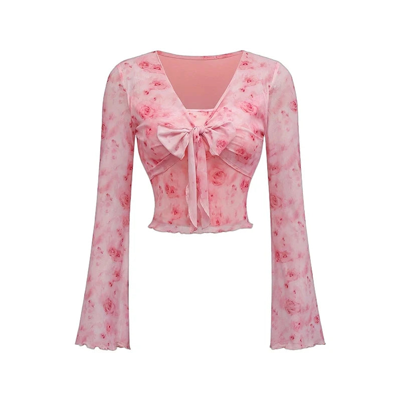 Summer Women's Y2k Floral Printed Sweet V-Neck T-shirts Mesh Beach Party Dress Top Flare Sleeve Square Collar Lace Up Shirt 2026