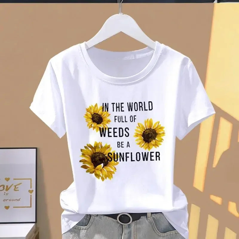 DAYUHU Casual Letter Print O-Neck Short Sleeve Tee for Women