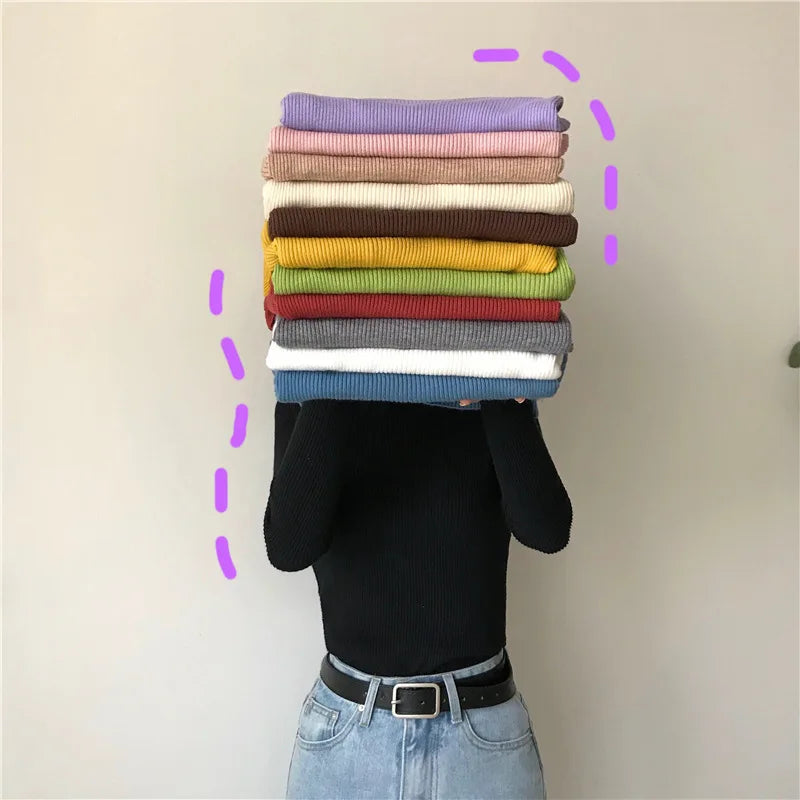 Women Heap Turtleneck Autumn Winter Sweater New Fashion Pullover Elastic Knit Ladies Jumper Casual Solid Soft Female Basic Tops