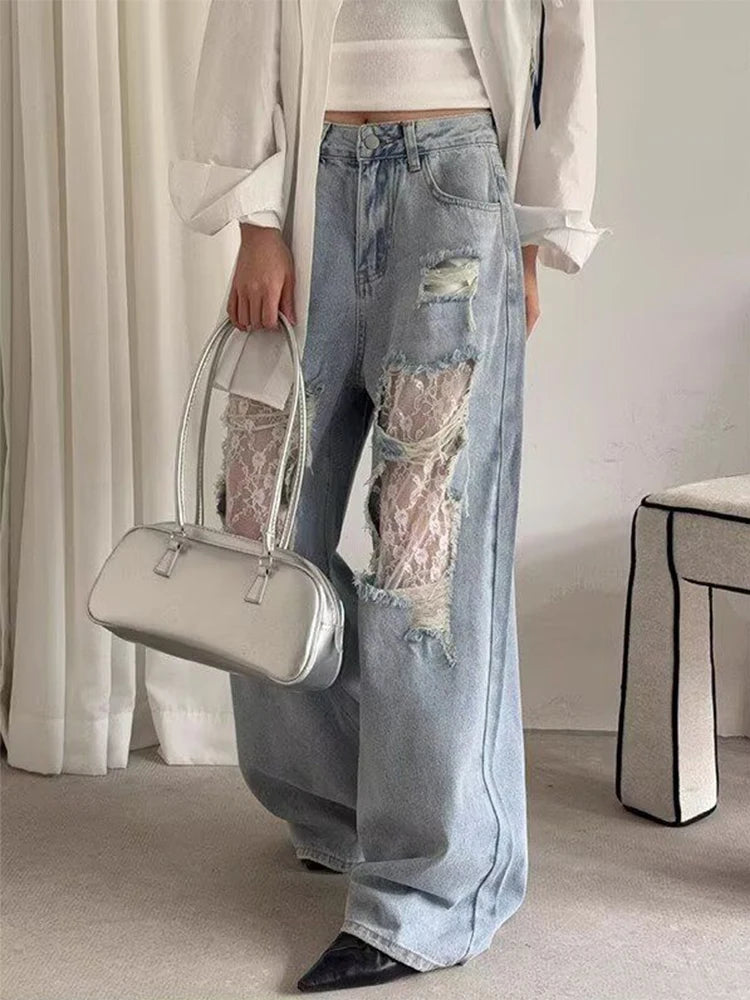 Women’s Y2K High-Waist Wide Leg Jeans – Lace Patchwork Vintage Denim Pants