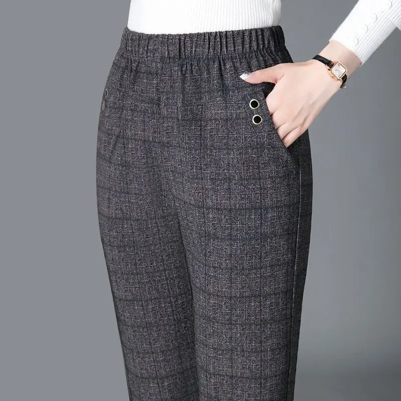 PlaidElegance High-Waist Pencil Pants for Office Ladies